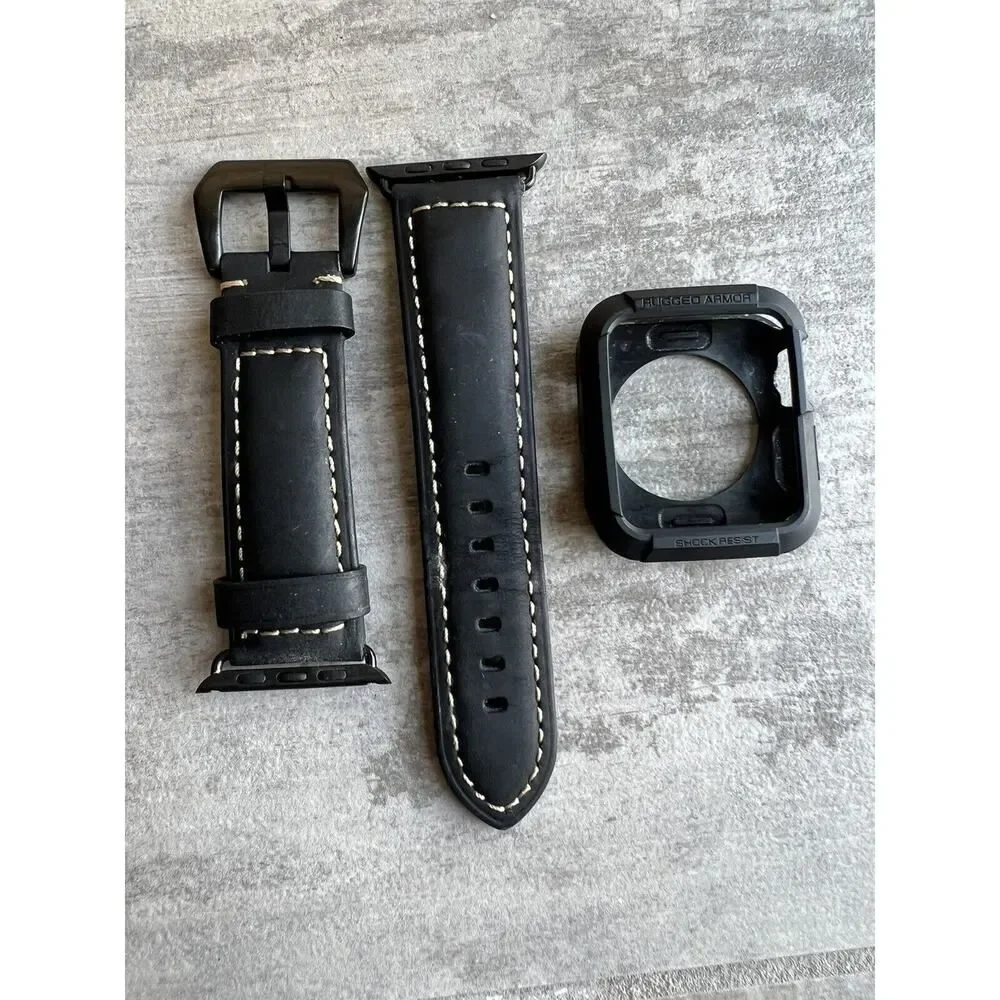 42mm Black Leather Apple iWatch Watch Smartwatch Strap Replacement Band & Case